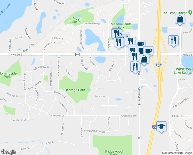 map of restaurants, bars, coffee shops, grocery stores, and more near 4469 Evergreen Drive in Vadnais Heights