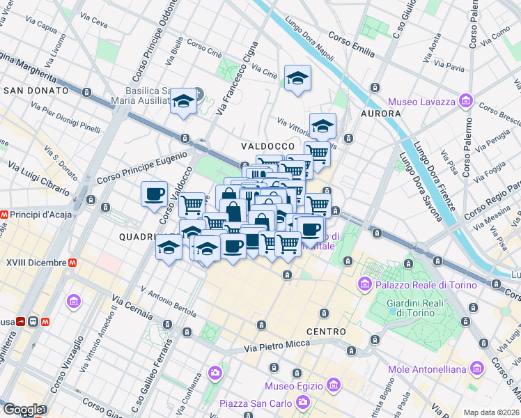 map of restaurants, bars, coffee shops, grocery stores, and more near 1880 Via delle Orfane in Torino