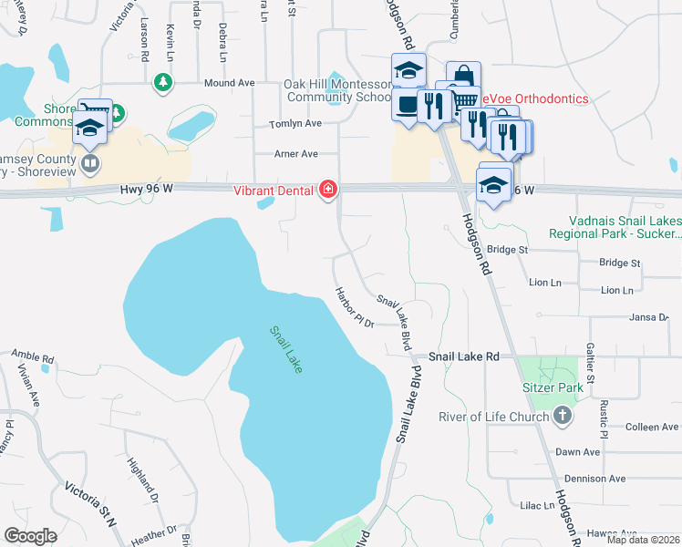 map of restaurants, bars, coffee shops, grocery stores, and more near 4480 Harbor Place Drive in Shoreview