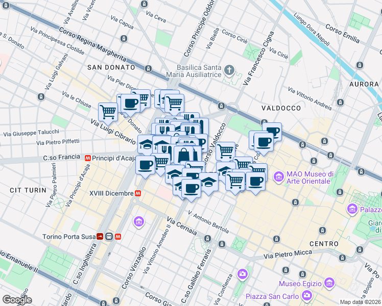 map of restaurants, bars, coffee shops, grocery stores, and more near 21 Via del Carmine in Torino