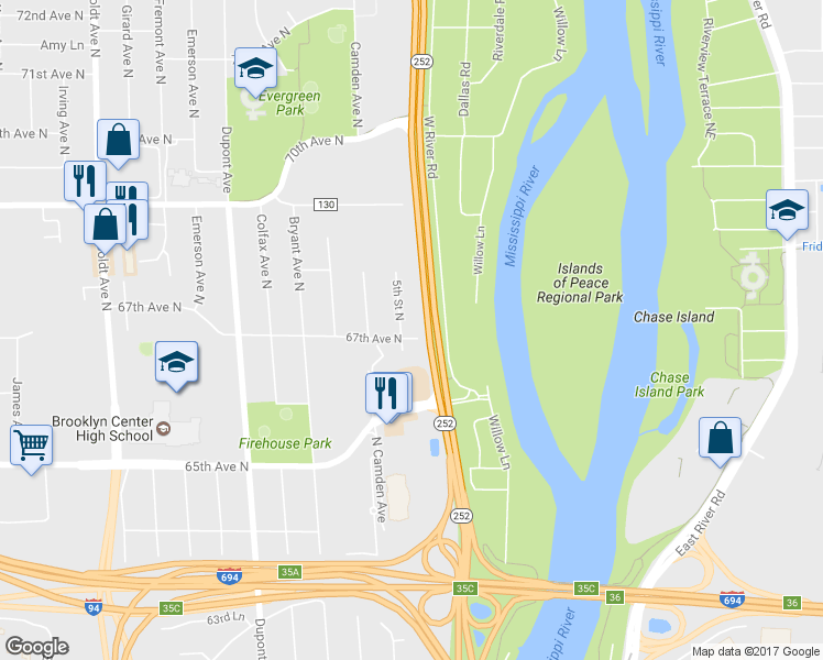 map of restaurants, bars, coffee shops, grocery stores, and more near 420 67th Avenue North in Minneapolis