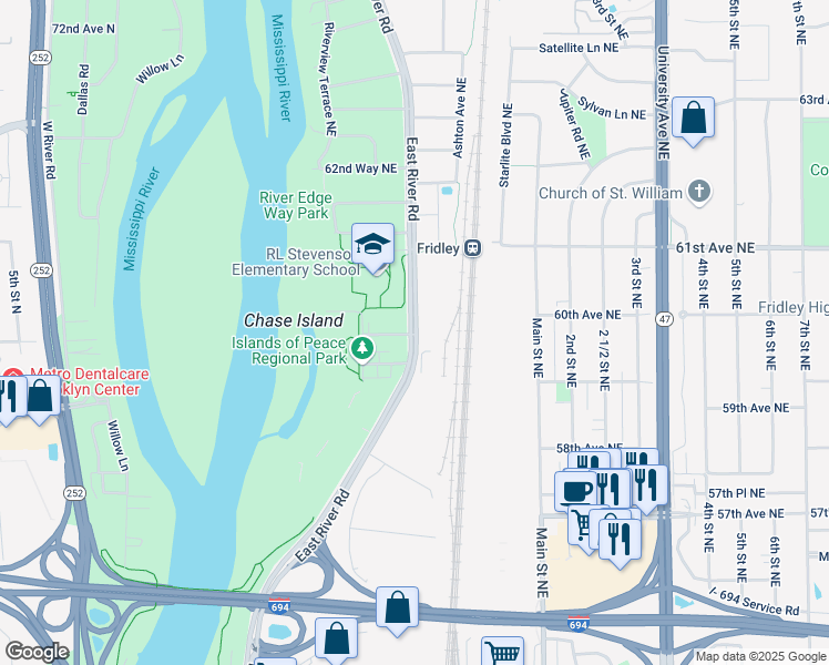 map of restaurants, bars, coffee shops, grocery stores, and more near in Fridley