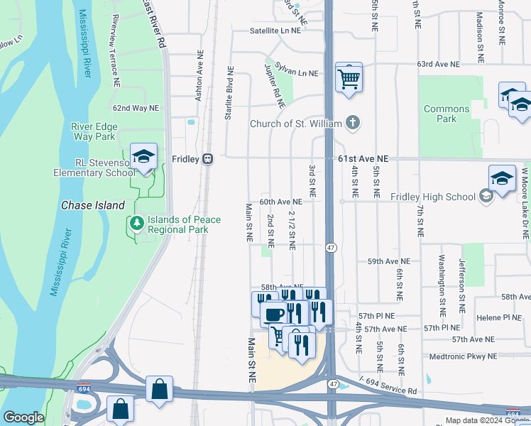 map of restaurants, bars, coffee shops, grocery stores, and more near 5940 2nd Street Northeast in Fridley