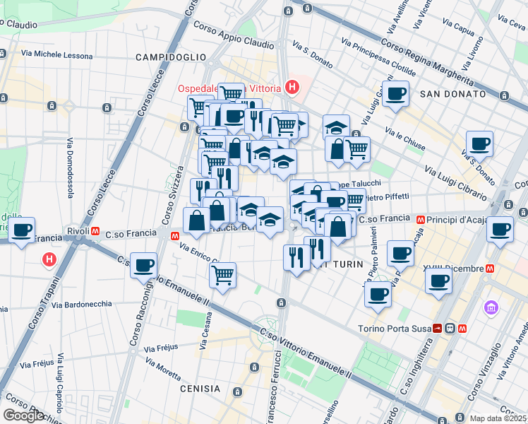 map of restaurants, bars, coffee shops, grocery stores, and more near 5 Via Giacomo Medici in Turin