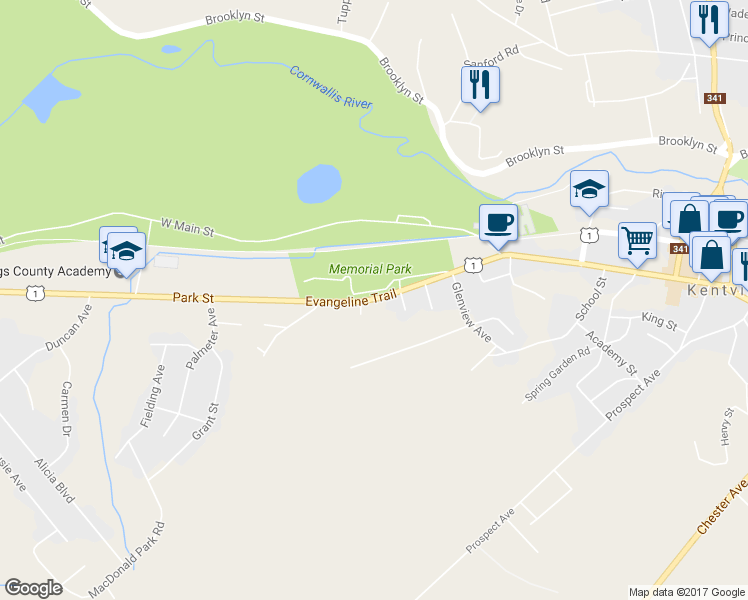 map of restaurants, bars, coffee shops, grocery stores, and more near 104 Park Street in Kentville
