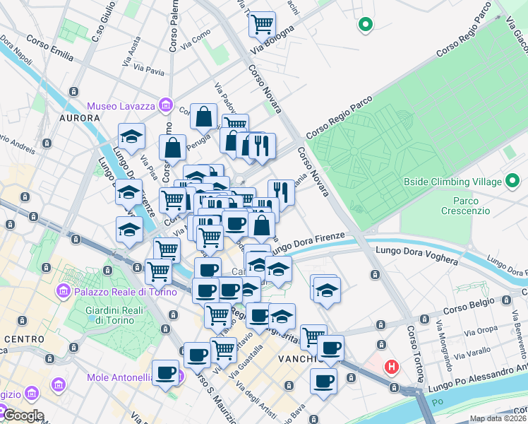 map of restaurants, bars, coffee shops, grocery stores, and more near 32 Via Catania in Torino