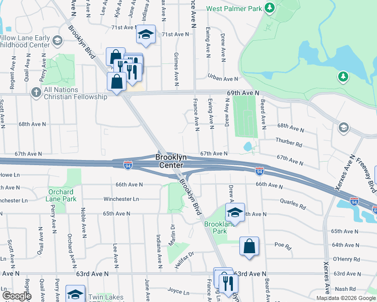 map of restaurants, bars, coffee shops, grocery stores, and more near 6700 Grimes Avenue North in Minneapolis