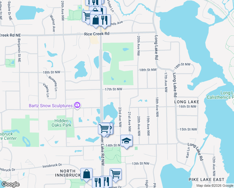 map of restaurants, bars, coffee shops, grocery stores, and more near 1651 23rd Avenue Northwest in New Brighton