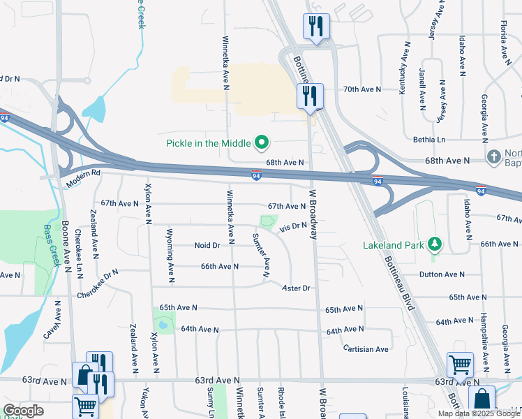 map of restaurants, bars, coffee shops, grocery stores, and more near 7717 67th Avenue North in Minneapolis