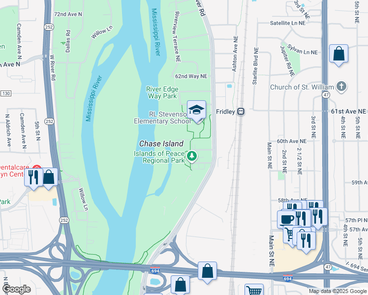 map of restaurants, bars, coffee shops, grocery stores, and more near 5960 Mississippi River Regional Trail in Fridley