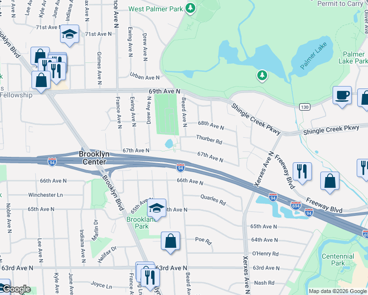 map of restaurants, bars, coffee shops, grocery stores, and more near 3319 67th Avenue North in Minneapolis