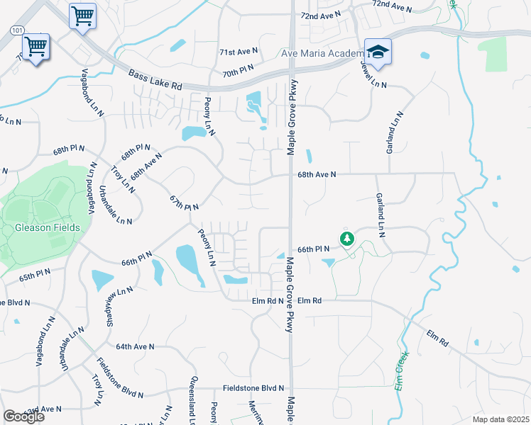 map of restaurants, bars, coffee shops, grocery stores, and more near 17658 67th Avenue North in Osseo