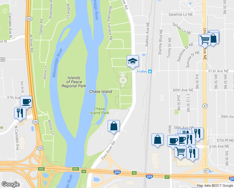 map of restaurants, bars, coffee shops, grocery stores, and more near 5960 Mississippi River Regional Trail in Fridley