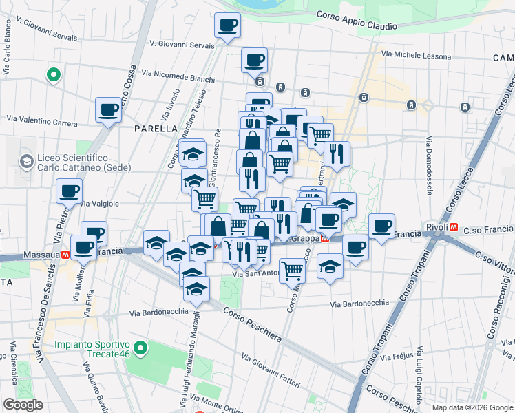 map of restaurants, bars, coffee shops, grocery stores, and more near 29 Via Valgioie in Torino