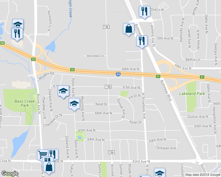 map of restaurants, bars, coffee shops, grocery stores, and more near 7825 67th Avenue North in Minneapolis