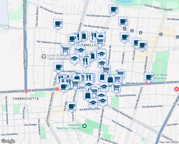map of restaurants, bars, coffee shops, grocery stores, and more near 89 Via Valgioie in Torino