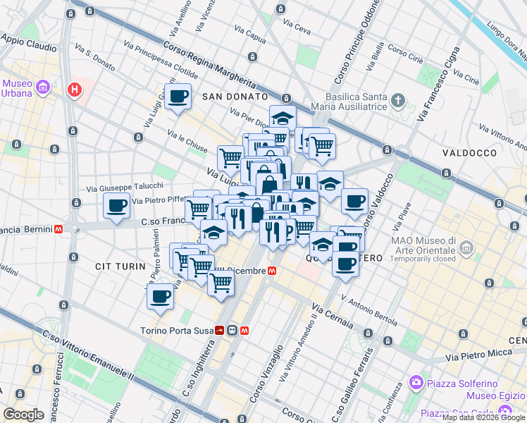 map of restaurants, bars, coffee shops, grocery stores, and more near 8B Via Carlo Boucheron in Torino