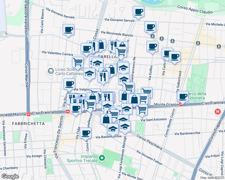 map of restaurants, bars, coffee shops, grocery stores, and more near 89 Via Valgioie in Torino