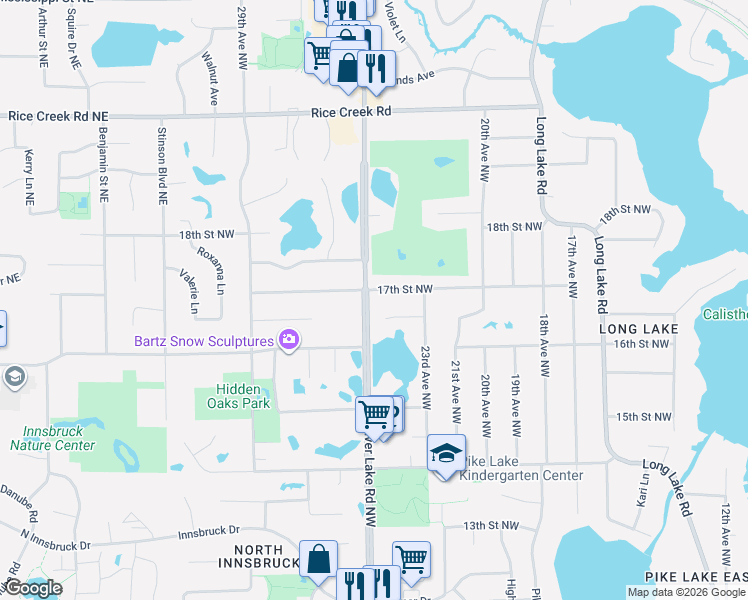 map of restaurants, bars, coffee shops, grocery stores, and more near 1648 Silver Lake Road Northwest in New Brighton