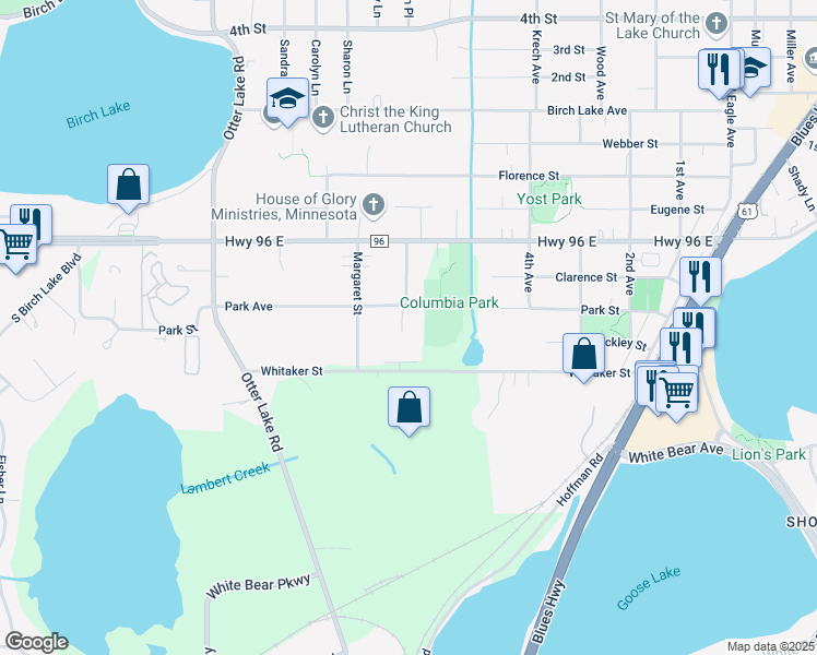 map of restaurants, bars, coffee shops, grocery stores, and more near 4481 Grace Street in White Bear Lake