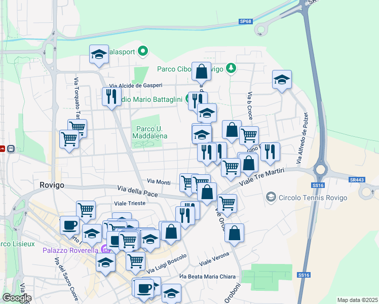 map of restaurants, bars, coffee shops, grocery stores, and more near 33 Via della Costituzione in Rovigo