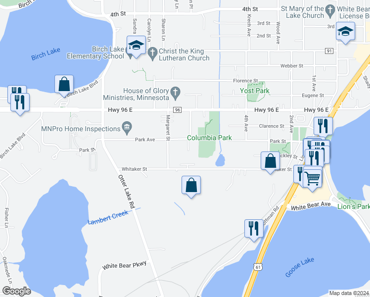 map of restaurants, bars, coffee shops, grocery stores, and more near 4481 Grace Street in White Bear Lake