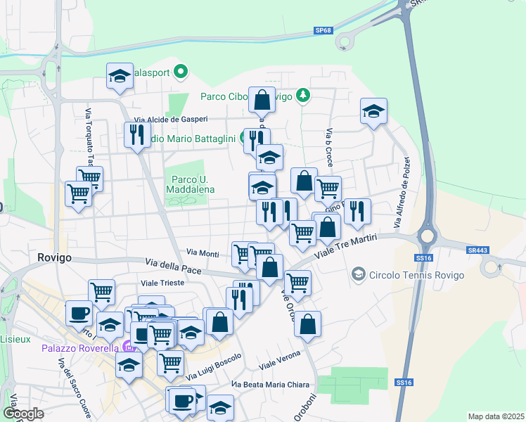 map of restaurants, bars, coffee shops, grocery stores, and more near 33 Via della Costituzione in Rovigo