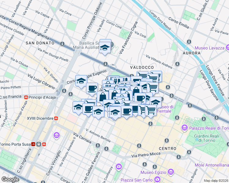 map of restaurants, bars, coffee shops, grocery stores, and more near 16 Via Piave in Torino
