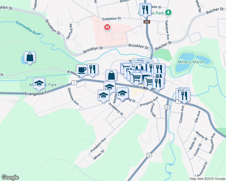 map of restaurants, bars, coffee shops, grocery stores, and more near 18 School Street in Kentville