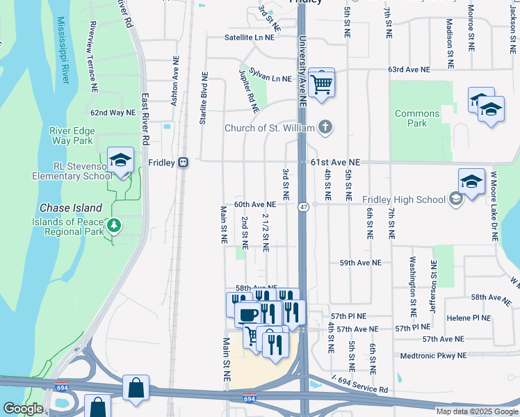 map of restaurants, bars, coffee shops, grocery stores, and more near 5947 2 1/2 Street Northeast in Fridley