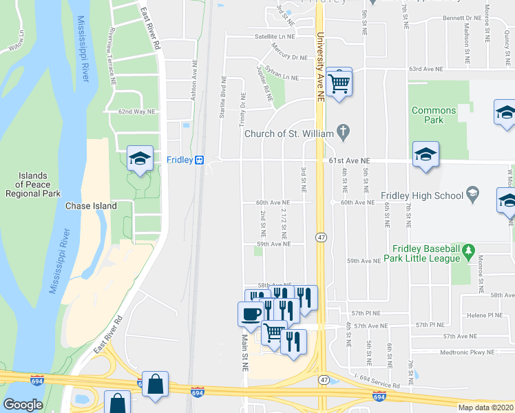 map of restaurants, bars, coffee shops, grocery stores, and more near 5940 2nd Street Northeast in Fridley