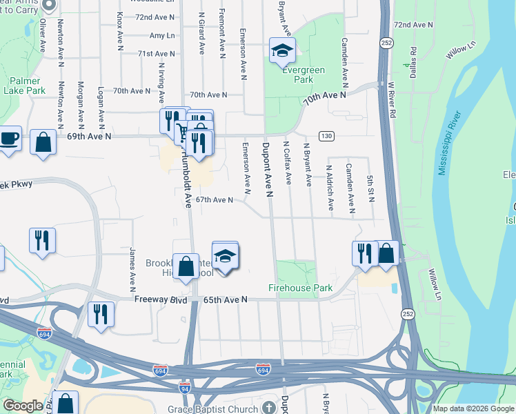 map of restaurants, bars, coffee shops, grocery stores, and more near 6701 Dupont Avenue North in Minneapolis