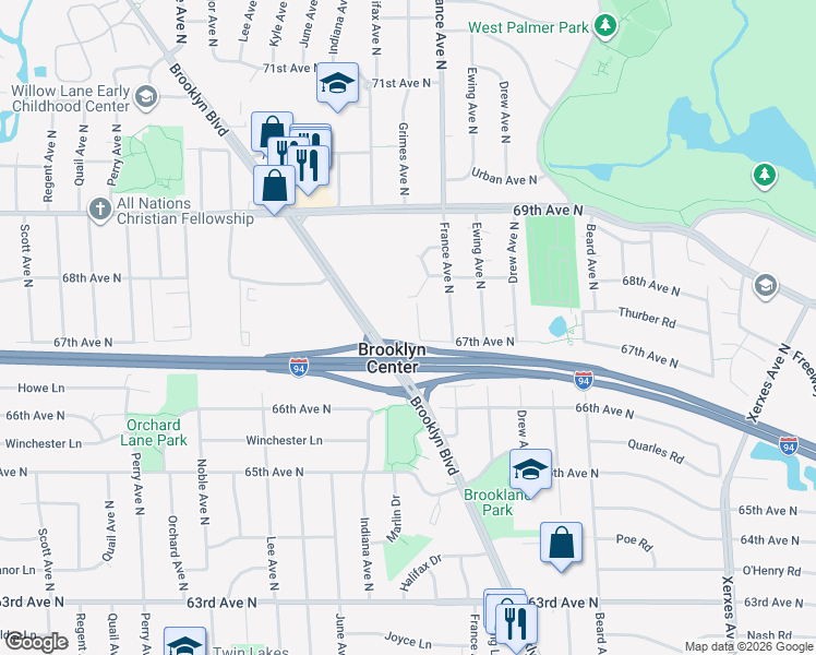 map of restaurants, bars, coffee shops, grocery stores, and more near 6700 Grimes Avenue North in Minneapolis