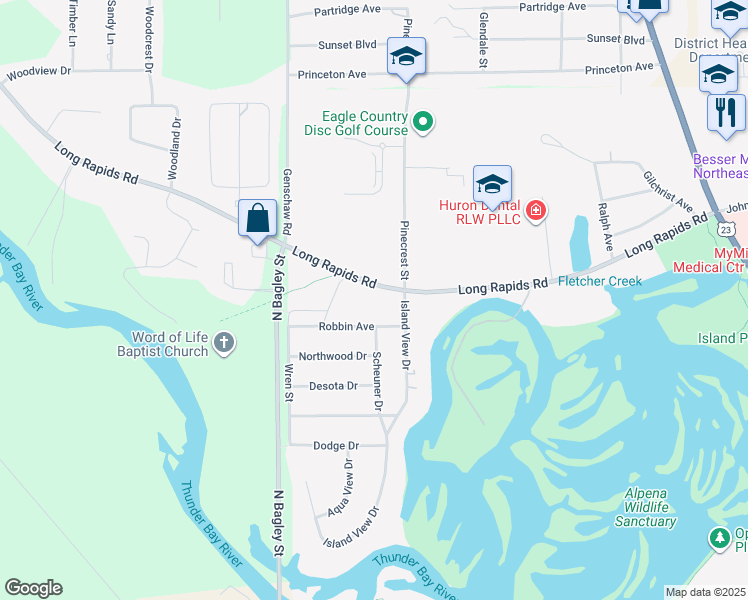 map of restaurants, bars, coffee shops, grocery stores, and more near 501-515 Robbin Avenue in Alpena