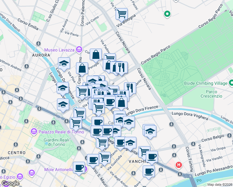 map of restaurants, bars, coffee shops, grocery stores, and more near 28-32 Via Catania in Torino