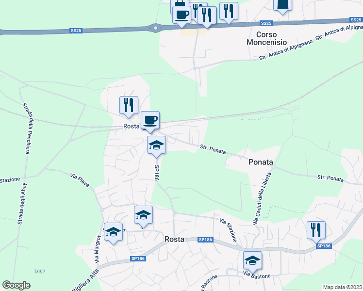 map of restaurants, bars, coffee shops, grocery stores, and more near 18 Strada Ponata in Rosta