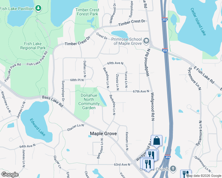 map of restaurants, bars, coffee shops, grocery stores, and more near 6700 Berkshire Lane North in Maple Grove