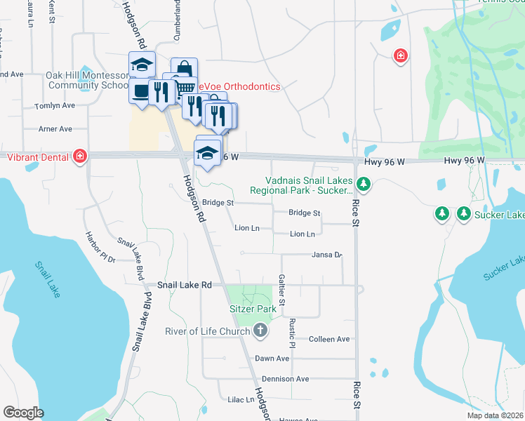 map of restaurants, bars, coffee shops, grocery stores, and more near 285 Lion Lane in Shoreview