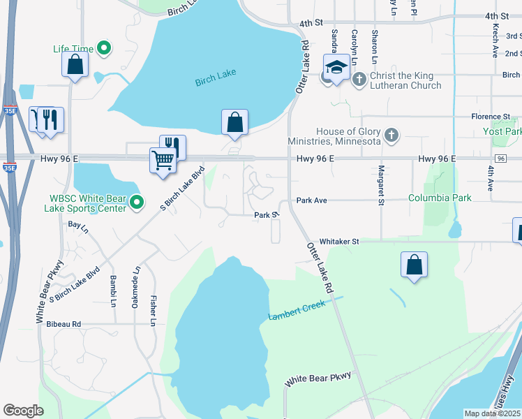 map of restaurants, bars, coffee shops, grocery stores, and more near 1500 Park Street in White Bear Lake