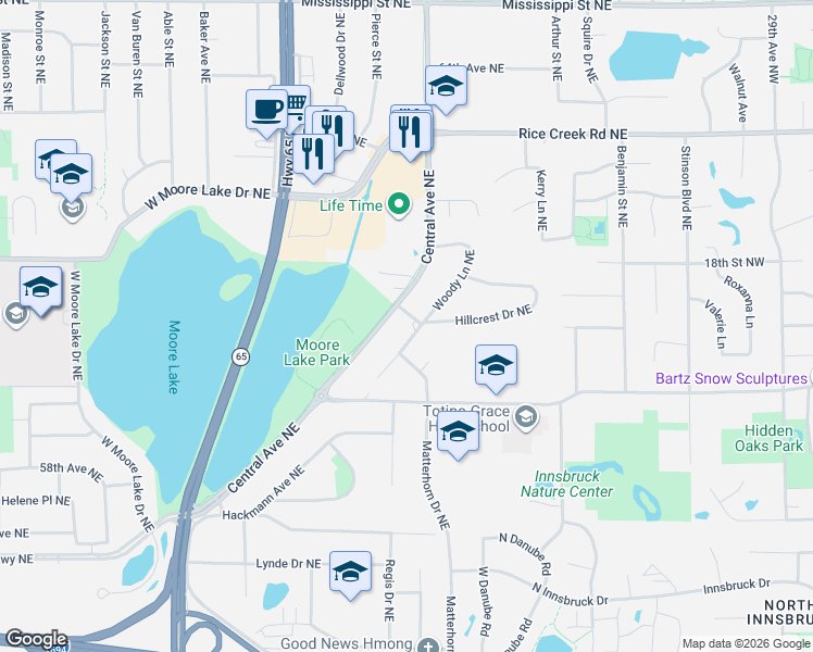 map of restaurants, bars, coffee shops, grocery stores, and more near 6045 Gardena Lane Northeast in Fridley
