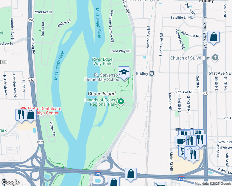 map of restaurants, bars, coffee shops, grocery stores, and more near 5960 Mississippi River Regional Trail in Fridley