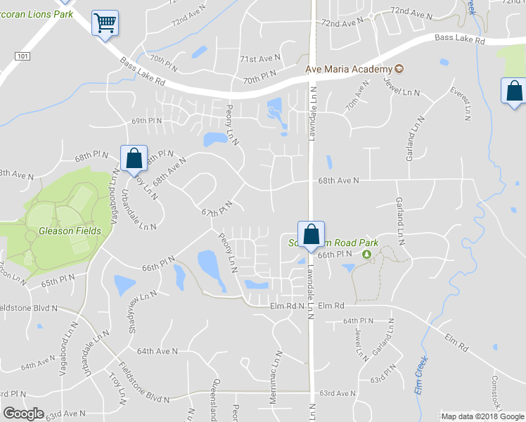 map of restaurants, bars, coffee shops, grocery stores, and more near 6727 Narcissus Lane North in Maple Grove