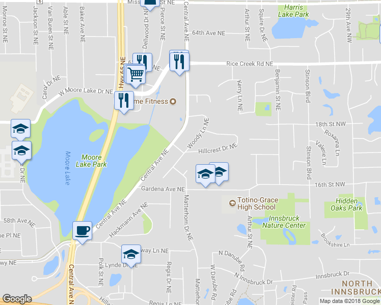 map of restaurants, bars, coffee shops, grocery stores, and more near 1310 Hillcrest Drive Northeast in Fridley