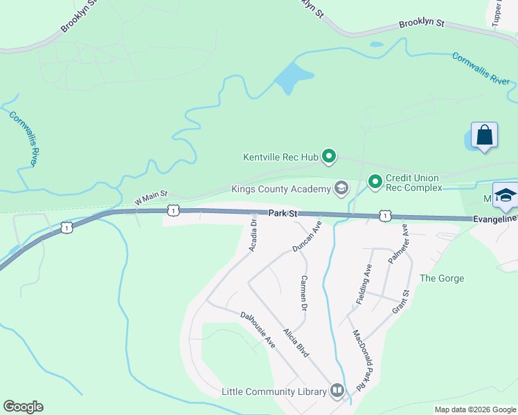 map of restaurants, bars, coffee shops, grocery stores, and more near 393 Park Street in Kentville