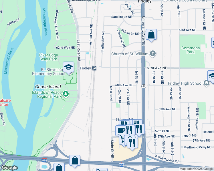 map of restaurants, bars, coffee shops, grocery stores, and more near 6030 Main Street Northeast in Fridley