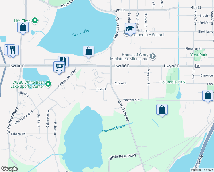 map of restaurants, bars, coffee shops, grocery stores, and more near 1501 Park Avenue in White Bear Lake