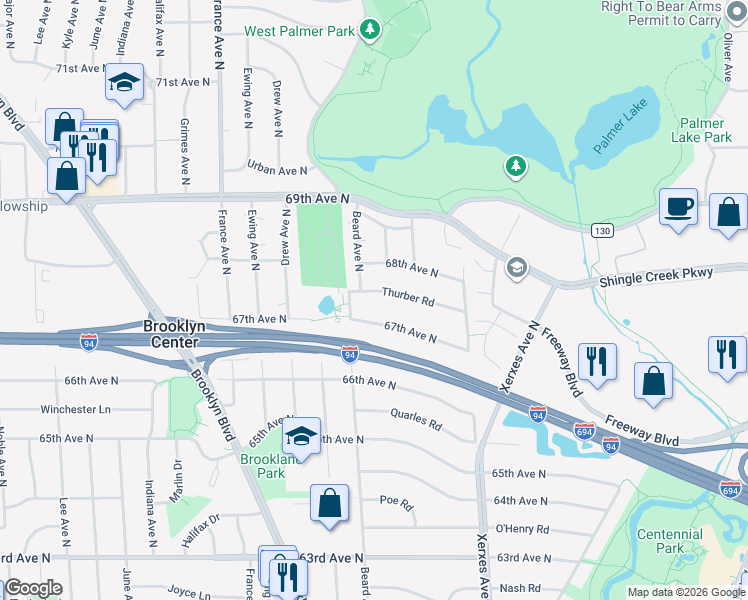 map of restaurants, bars, coffee shops, grocery stores, and more near 3300 67th Avenue North in Minneapolis