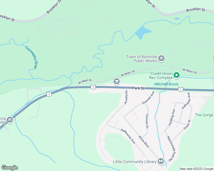 map of restaurants, bars, coffee shops, grocery stores, and more near 439 Park Street in Kentville