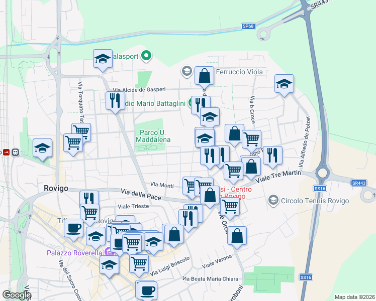 map of restaurants, bars, coffee shops, grocery stores, and more near Via G. Vittorio Frassinella in Rovigo