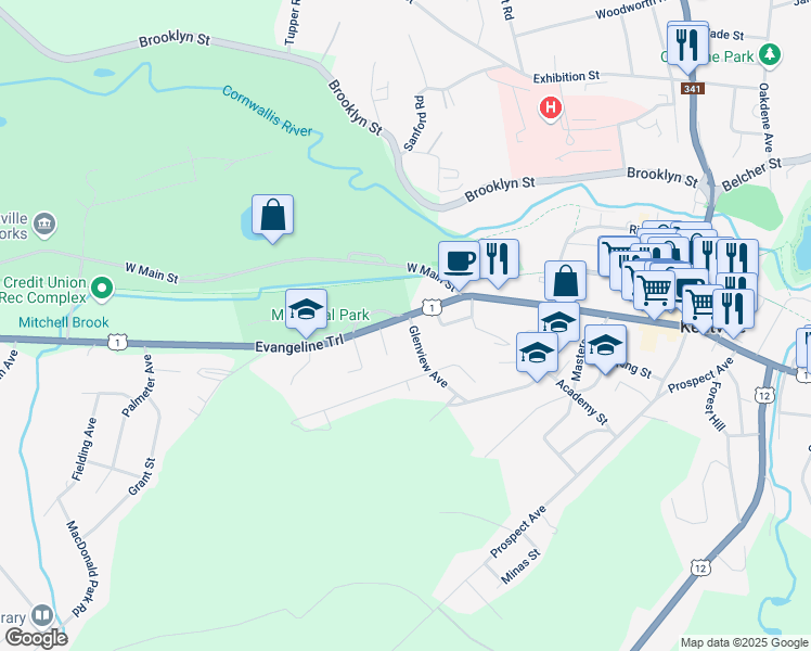 map of restaurants, bars, coffee shops, grocery stores, and more near 19 Glenview Avenue in Kentville